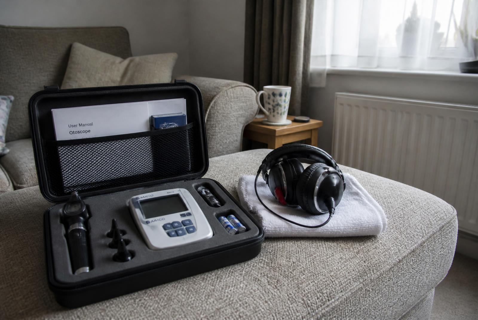 Portable hearing test and ear wax removal equipment set up in a Cardiff home living room for a home visit appointment
